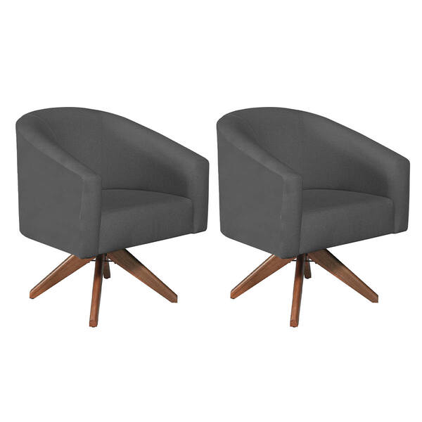 Kit 02 Poltronas Luiza Base Giratória De Madeira Linho Chumbo