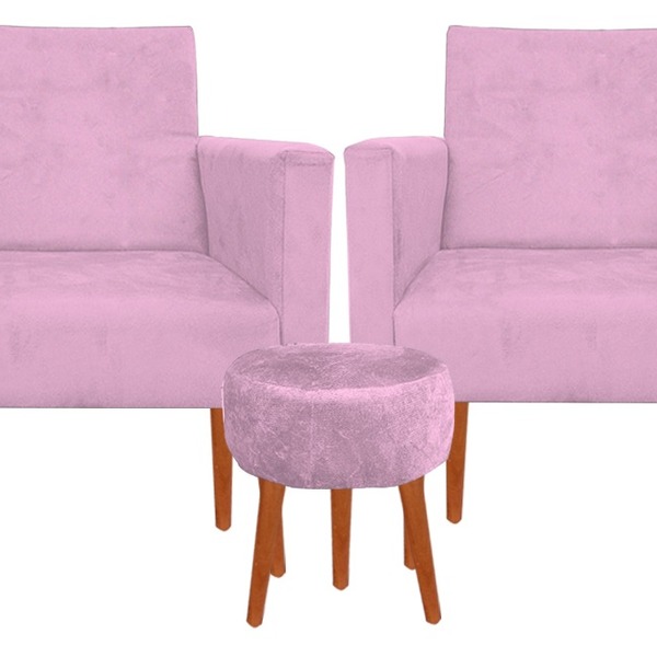 Kit 02 Poltronas Luxo Decorativas Nina E Puff Suede Rosa