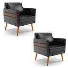 Kit 02 Poltronas Mari Corano Preto Pés Palito Castanho
