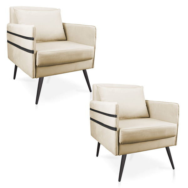 Kit 02 Poltronas Mari Suede Bege Pés Palito De Ferro Preto