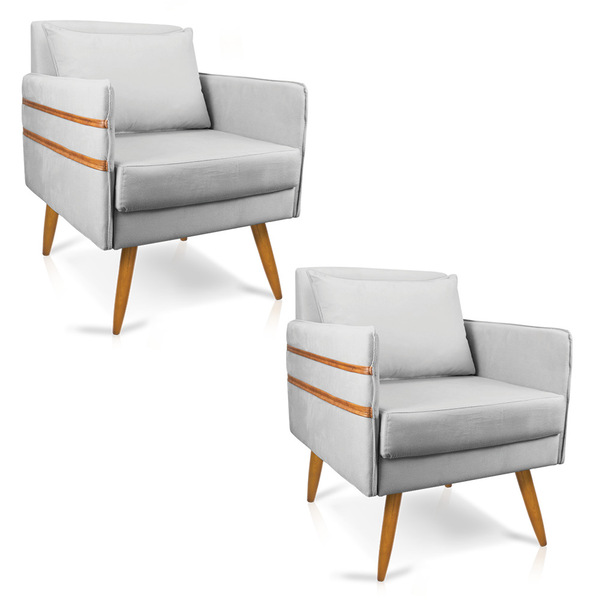 Kit 02 Poltronas Mari Suede Cinza Pés Palito Castanho