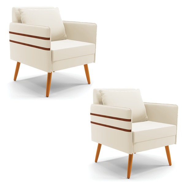 Kit 02 Poltronas Mari Veludo Bege Pés Palito Castanho