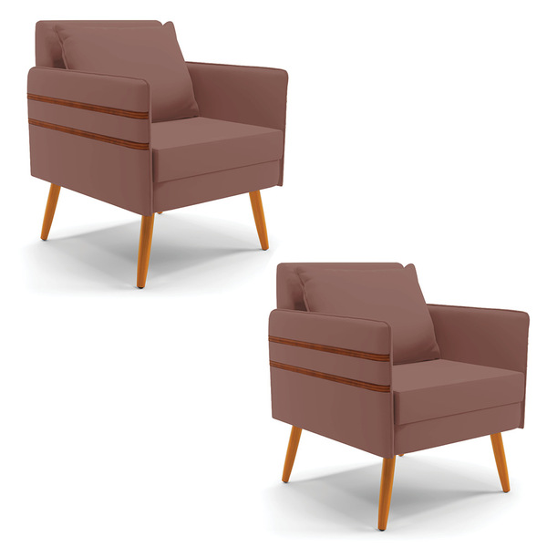 Kit 02 Poltronas Mari Veludo Pés Palito Castanho D03 - D'ross