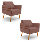 Kit 02 Poltronas Mari Veludo Rosê Pés Palito Castanho