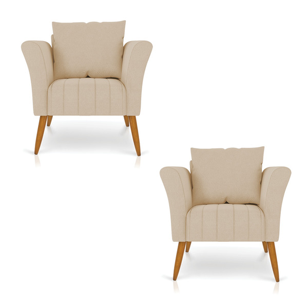 Kit 02 Poltronas Marilia Linho Grosso Bege A19 Pés Palito Cas