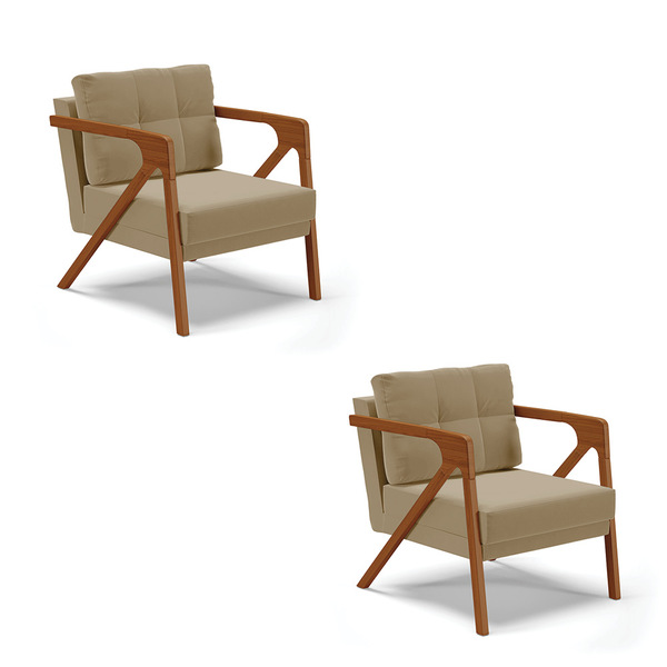 Kit 02 Poltronas Melissa Suede Base De Madeira Castanho D03 -