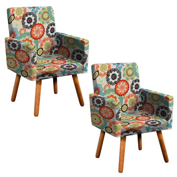 Kit 02 Poltronas Nina Estampado Floral Laranja D31 Pés Palito