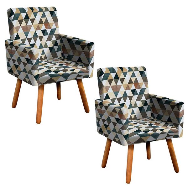 Kit 02 Poltronas Nina Estampado Triangulo Bege D87 Pés Palito