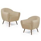 Kit 02 Poltronas Nina Pés Palito Madeira C-129 Linho Bege Esc