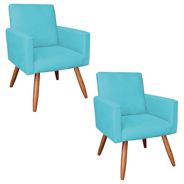 Kit 02 Poltronas Nina Suede Azul Turquesa Pés Palito Castanho