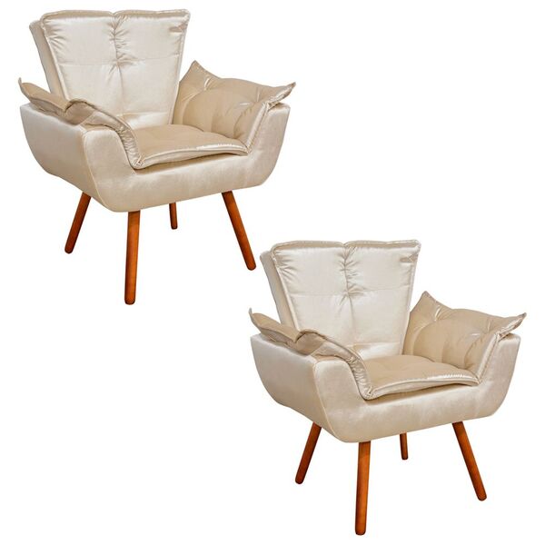 Kit 02 Poltronas Opala Acetinado Bege Pés Palito Castanho D'r