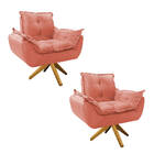 Kit 02 Poltronas Opala Base Giratória De Madeira Suede Coral