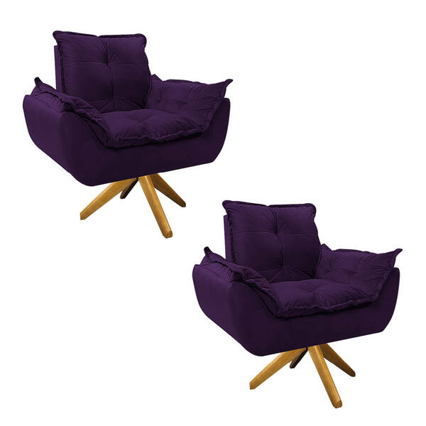 Kit 02 Poltronas Opala Base Giratória De Madeira Suede Roxo -