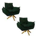 Kit 02 Poltronas Opala Base Giratória De Madeira Suede Verde