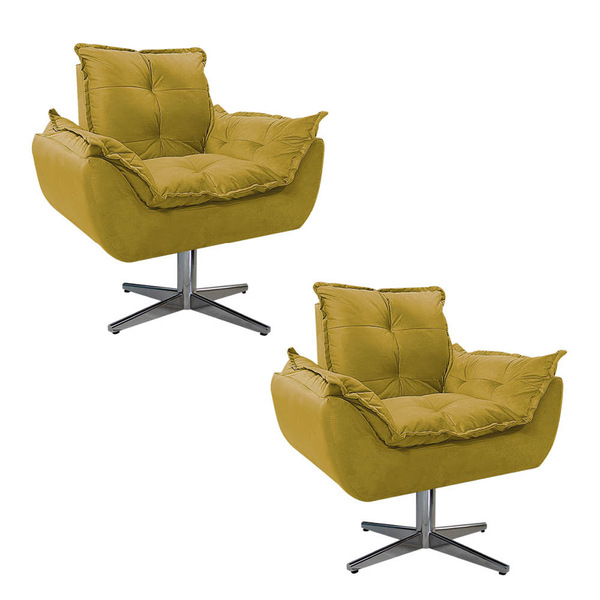 Kit 02 Poltronas Opala Base Giratória De Metal Suede Amarelo