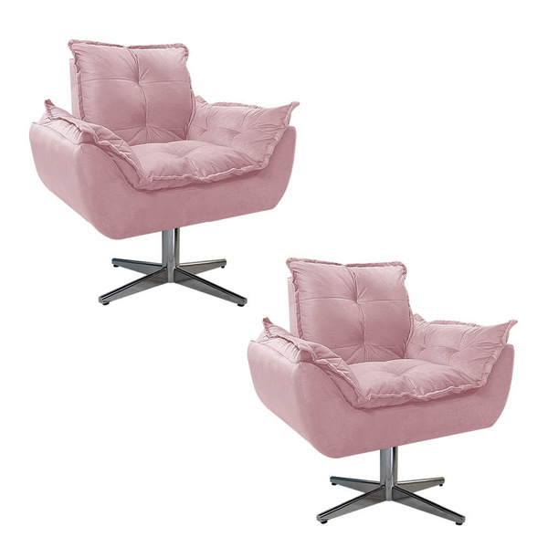 Kit 02 Poltronas Opala Base Giratória De Metal Suede Rosa Beb