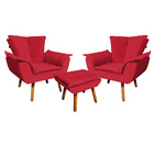 Kit 02 Poltronas Opala Com 01 Puff Opala Veludo Vermelho Pés