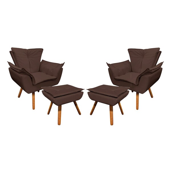 Kit 02 Poltronas Opala Com 02 Puffs Opala Corino Pés Palito C