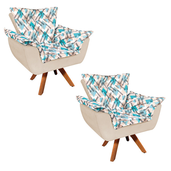 Kit 02 Poltronas Opala Girat?ria Suede Bege Com D33 Base Made