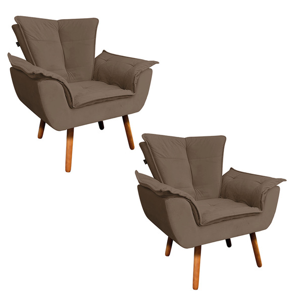 Kit 02 Poltronas Opala Veludo Marrom Pés Palito Castanho D03