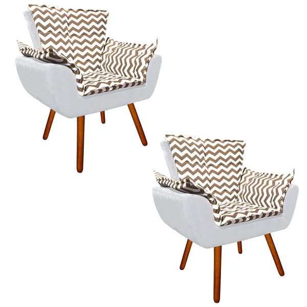 Kit 02 Poltronas Opala Zig Zag Bege D81 E Suede Cinza Pés Pal