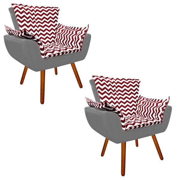 Kit 02 Poltronas Opala Zig Zag Vermelho D79 E Suede Grafite P
