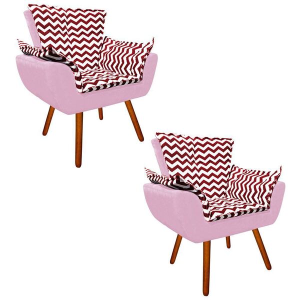Kit 02 Poltronas Opala Zig Zag Vermelho D79 E Suede Rosa Bebê