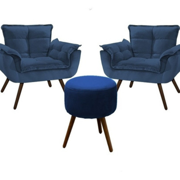 Kit 02 Poltronas Opalas E 01 Puff - Azul Royal
