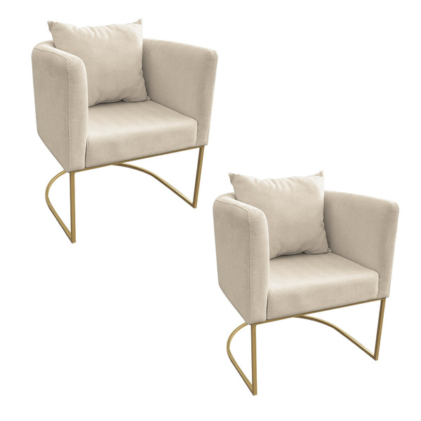 Kit 02 Poltronas Paola Linho Base Metálica Dourado D03 - D'ro