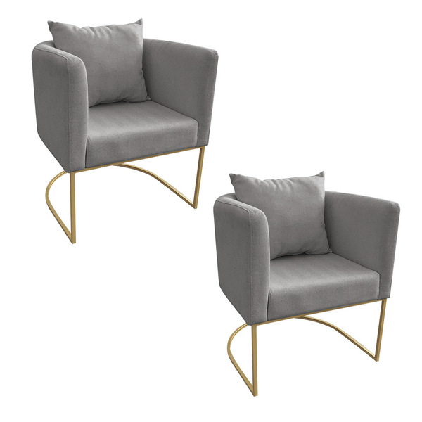 Kit 02 Poltronas Paola Linho Grafite A26 Base Metálica Dourad