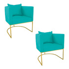 Kit 02 Poltronas Paola Suede Azul Turquesa Base Metálica Dour