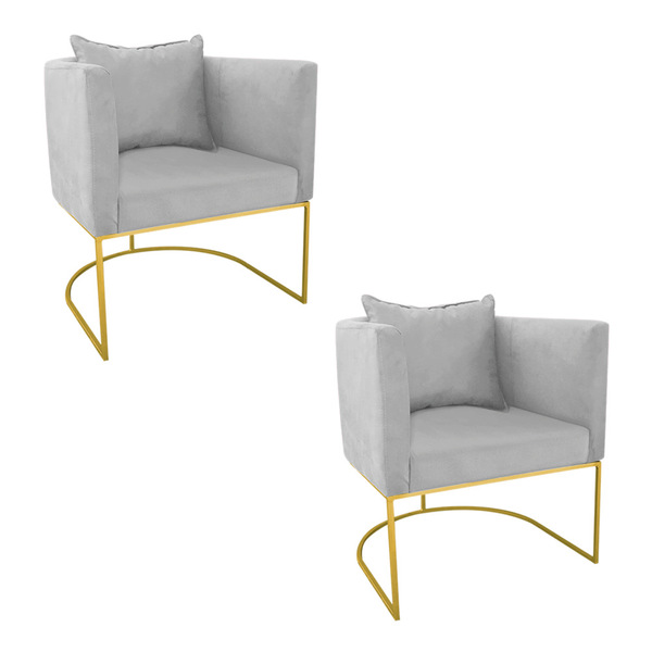 Kit 02 Poltronas Paola Suede Cinza Base Metálica Dourado D03
