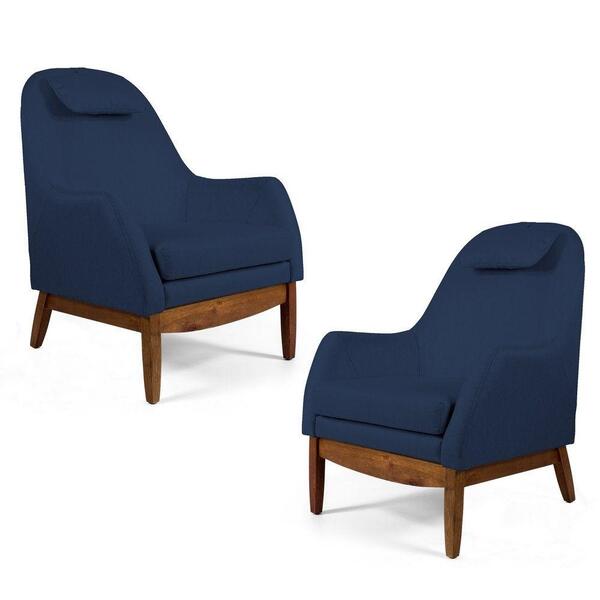 Kit 02 Poltronas Selena Base Madeira Veludo Azul
