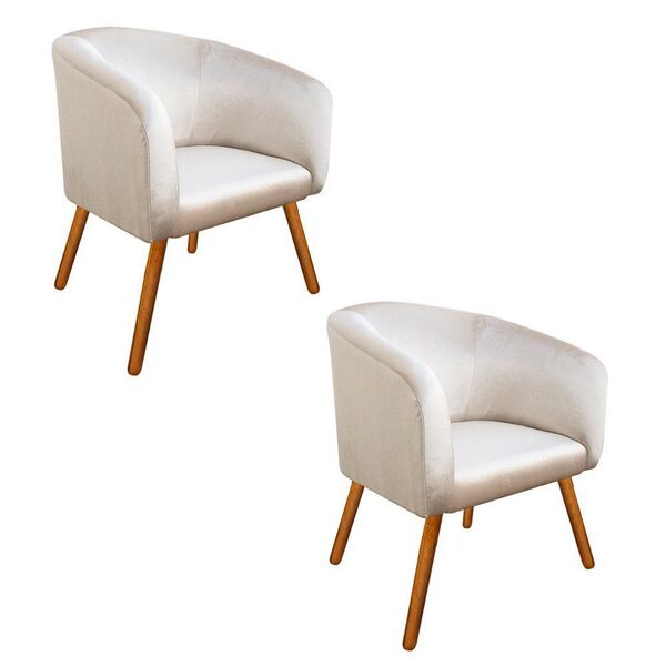 Kit 02 Poltronas Stella Acetinado Bege Pés Palito Castanho D'