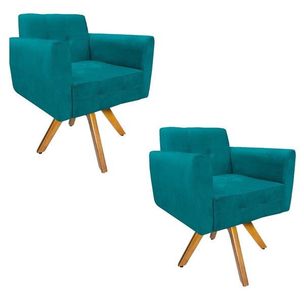 Kit 02 Poltronas Stella Base Giratória De Madeira Suede Azul