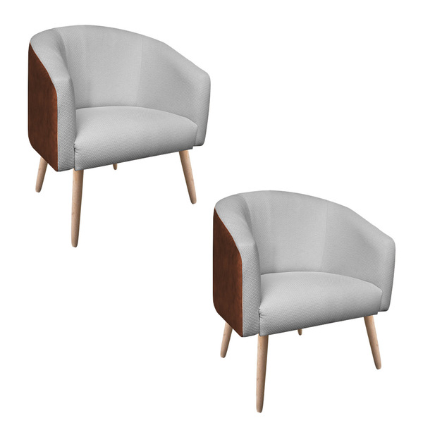 Kit 02 Poltronas Stella Couro Nozes Cr02 Com Linho Trama Cinz