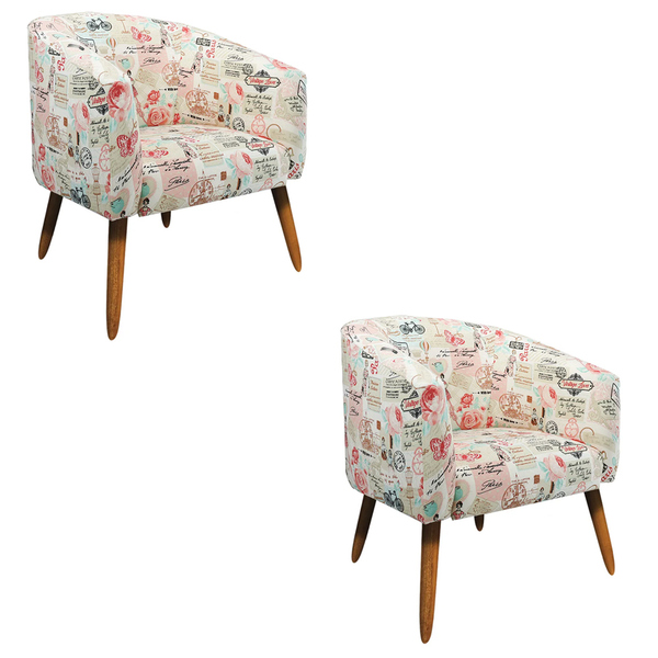Kit 02 Poltronas Stella Estampado Retrô Rosa D61 Pés Palito C