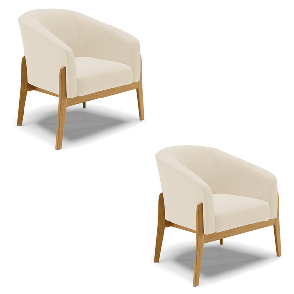 Kit 02 Poltronas Stella Linho Palha A32 Base Madeira Castanho