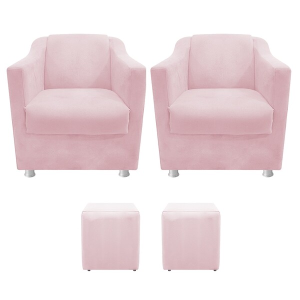 Kit 02 Poltronas Tilla E 02 Puffs Dado Corano Rosa Bebê - Ama