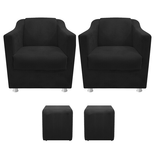 Kit 02 Poltronas Tilla E 02 Puffs Dado Suede Preto - Amarena