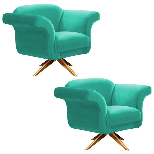 Kit 02 Poltronas Troia Suede Verde Turquesa Com Base Giratóri