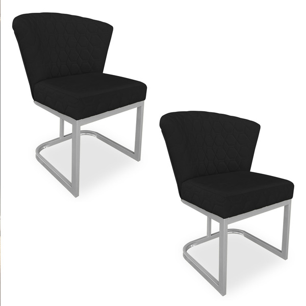 Kit 02 Poltronas Vitória Veludo Preto Matelassê Base Metálica