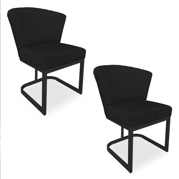 Kit 02 Poltronas Vitória Veludo Preto Matelassê Base Metálica