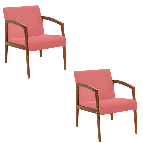 Kit 02 Poltronas Yasmin Suede Rosê Base Fixa De Madeira - D'r