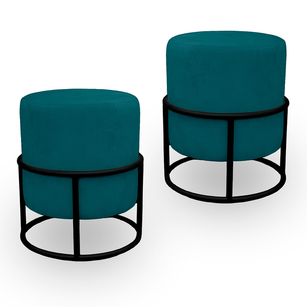 Kit 02 Puff Argola Base Metal Preto Suede Escolha Sua Cor - W