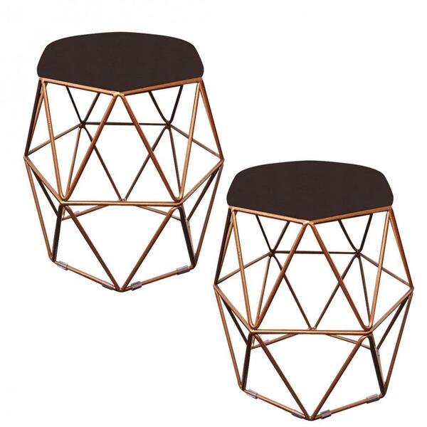 Kit 02 Puff Banqueta Aramado Luna Hexágono Base Bronze Corino