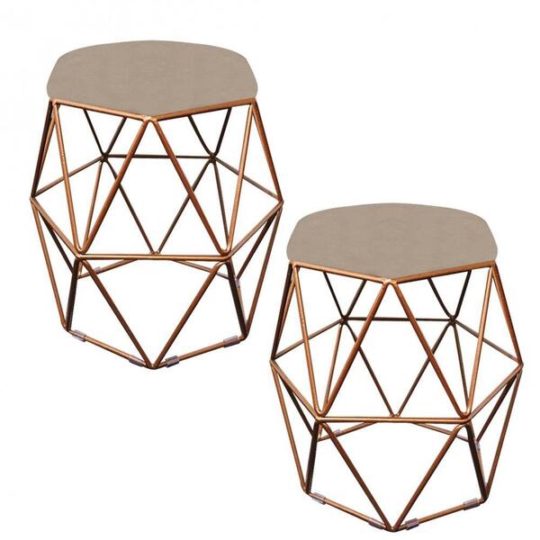 Kit 02 Puff Banqueta Aramado Luna Hexágono Base Bronze Corino