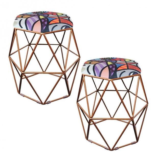 Kit 02 Puff Banqueta Aramado Luna Hexágono Base Bronze Romero
