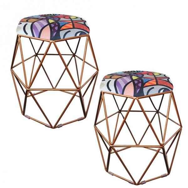 Kit 02 Puff Banqueta Aramado Luna Hexágono Base Bronze Romero
