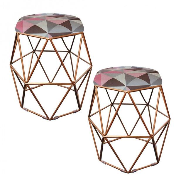 Kit 02 Puff Banqueta Aramado Luna Hexágono Base Bronze Triâng